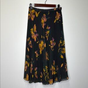 Garnet Hill Black and Yellow Floral Pleated Midi Skirt